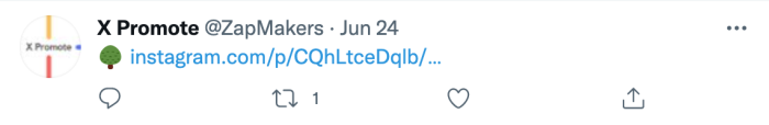 A screenshot of a tweet by X Promote (@ZapMakers) that has an emoji of a tree followed by a blue instagram hyperlink.