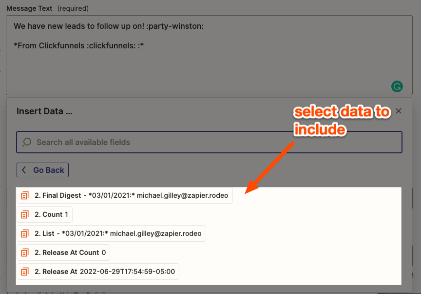 Field mapping the digest delivery step. An arrow points to a dropdown of options from previous Zap steps.