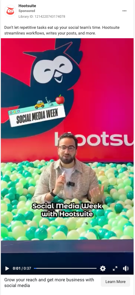Moment-based video Facebook ad example from Hootsuite. 