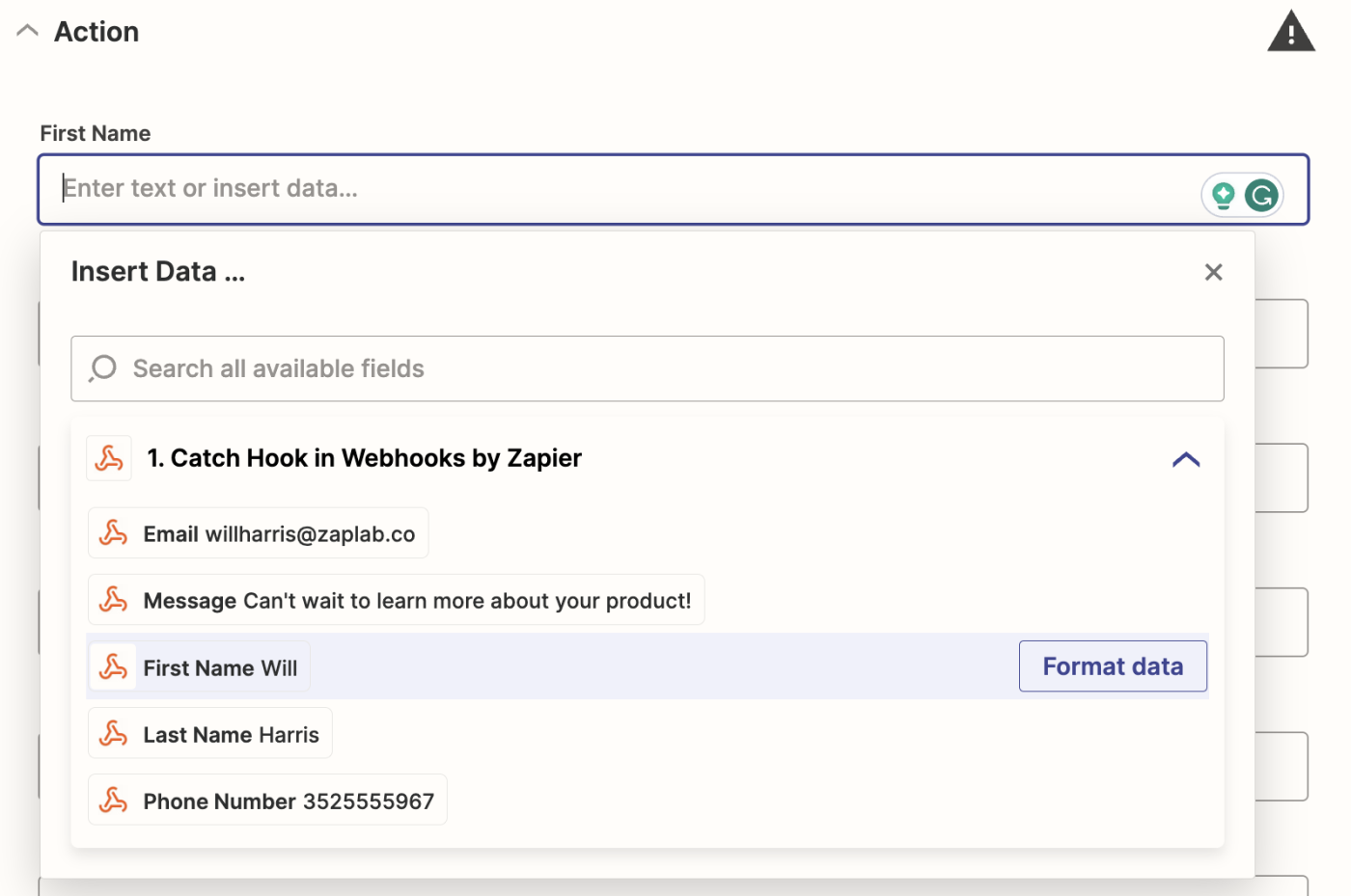 A screenshot customizing a LeadConnector action step in the Zapier editor.