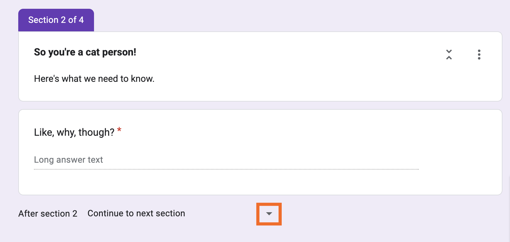 A section in Google Forms with the down caret beneath it highlighted. 
