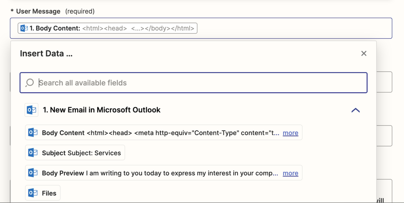Screenshot of email fields