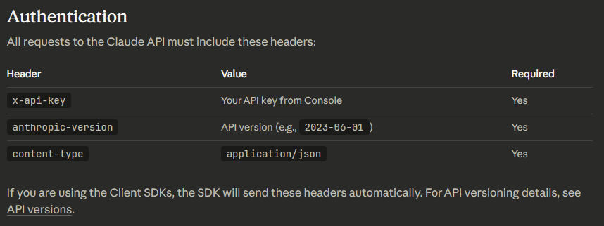 The header of the call in the Anthropic API documentation