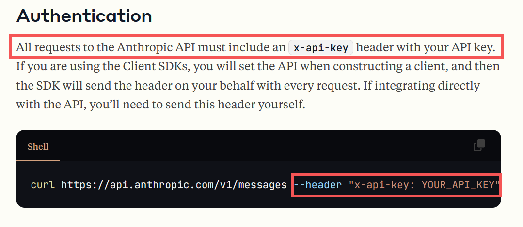 The header of the call in the Anthropic API documentation