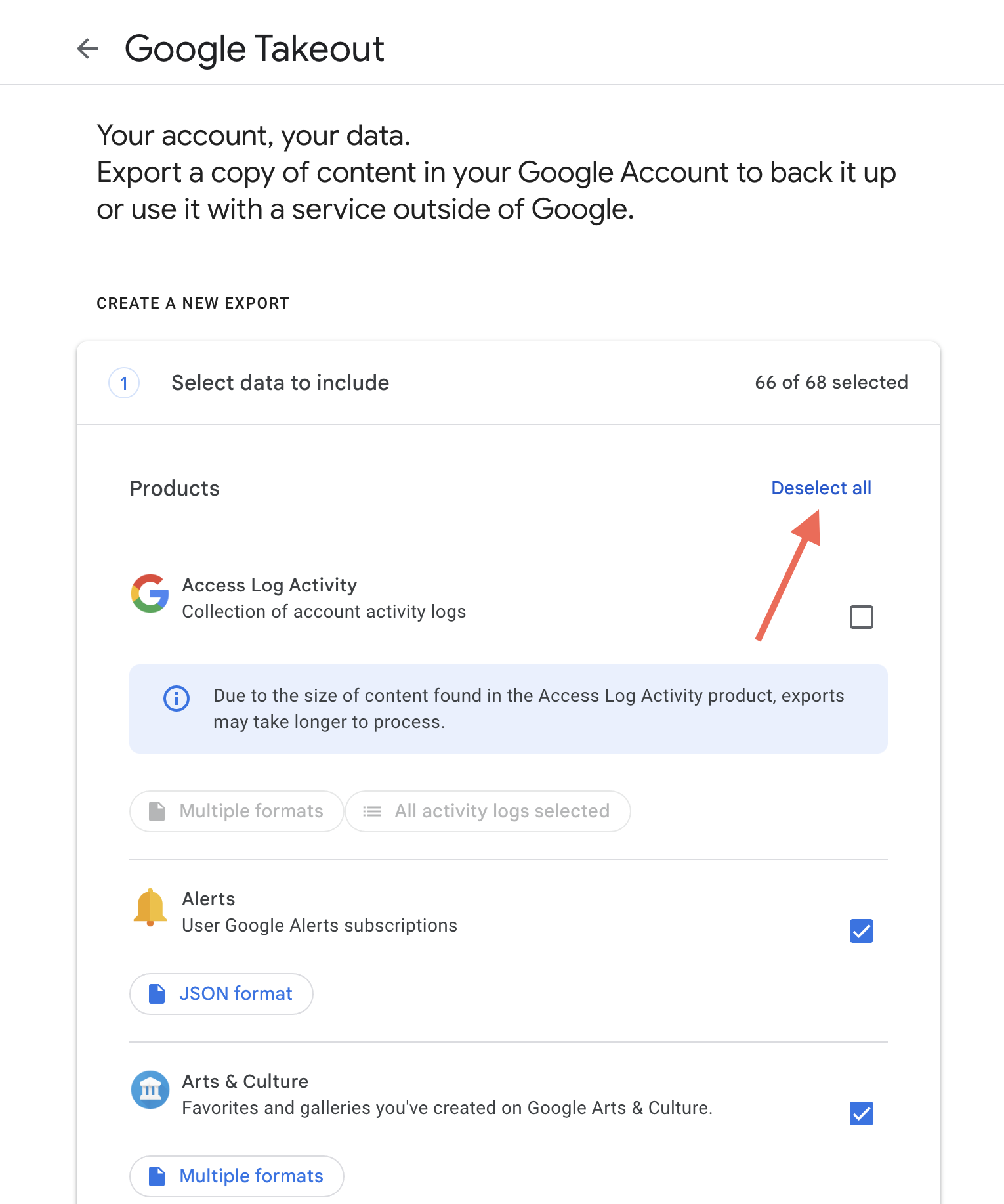 Screenshot of the Google Takeout interface showing the "Select data to include" section for exporting account data. The "Deselect all" option is highlighted with an orange arrow.