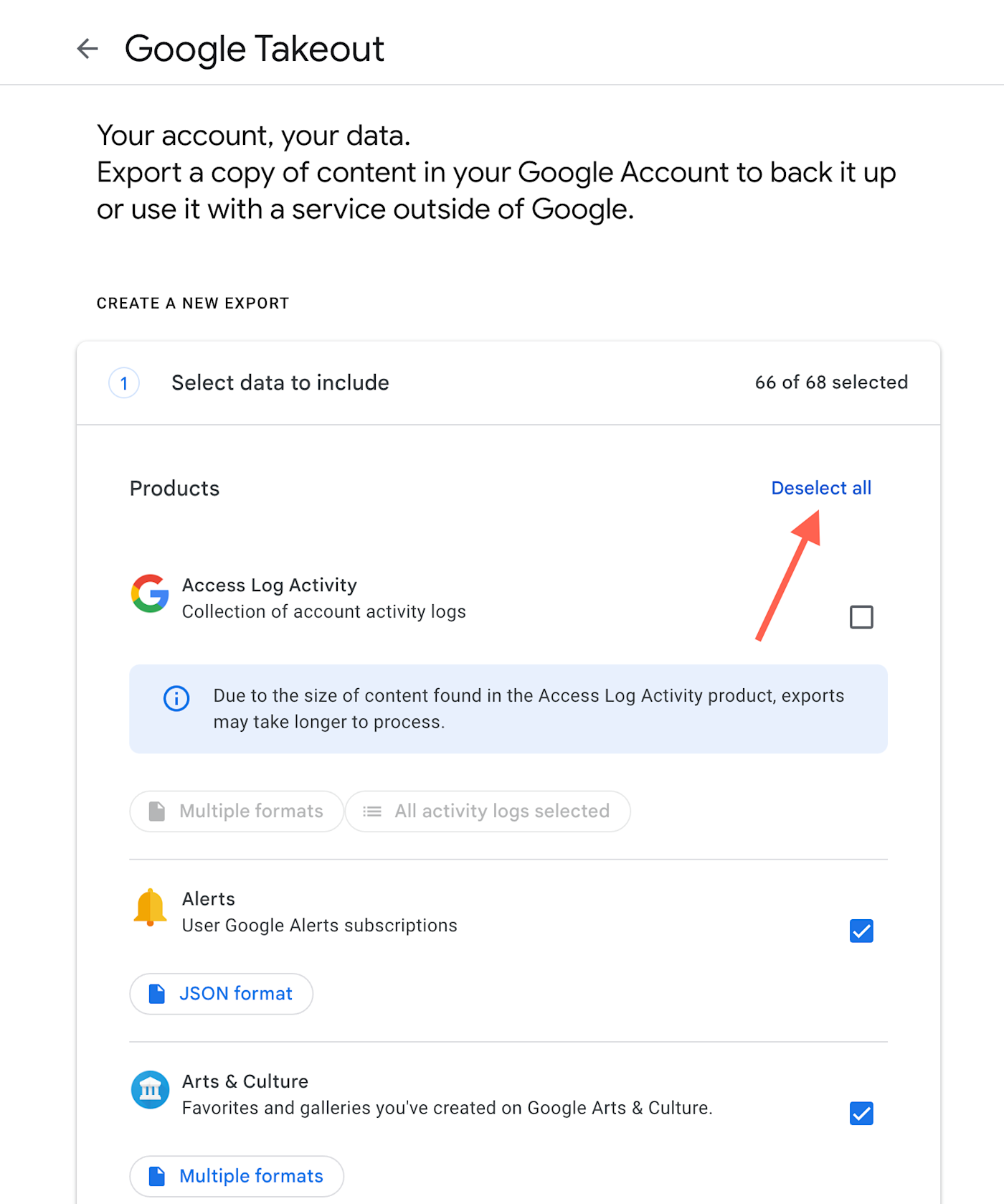 Screenshot of the Google Takeout interface showing the "Select data to include" section for exporting account data. The "Deselect all" option is highlighted with an orange arrow.