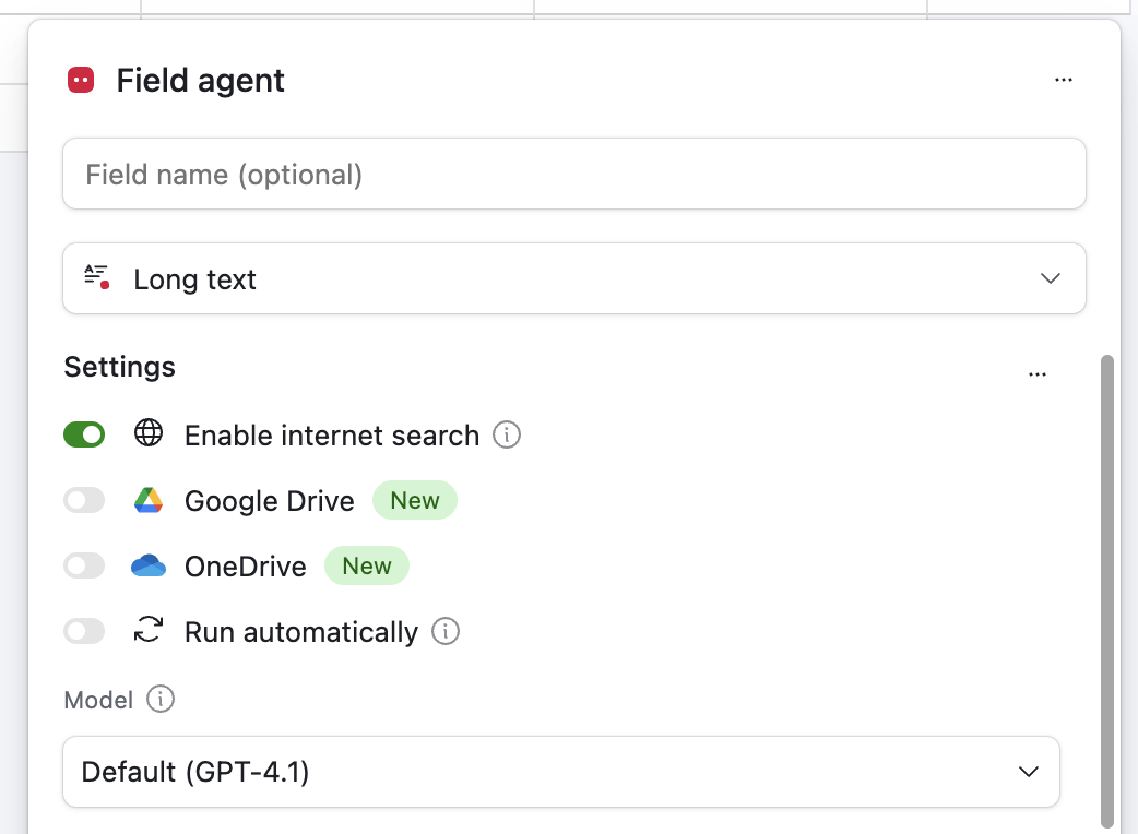 Filling out the field agent settings in Airtable