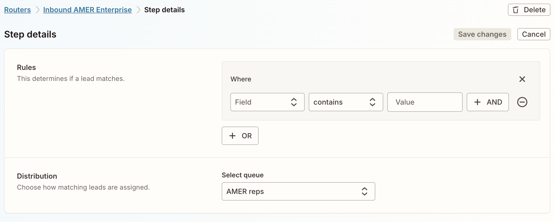 A step details page for "Inbound AMER Enterprise" showing editable Rules for lead matching and a Distribution section with the queue set to "AMER reps."
