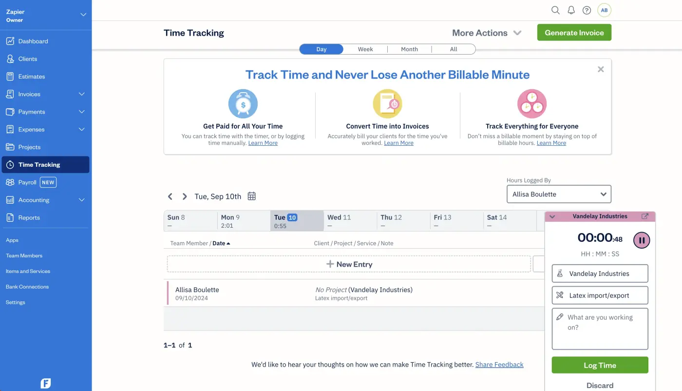 Screenshot of FreshBooks' time tracking dashboard