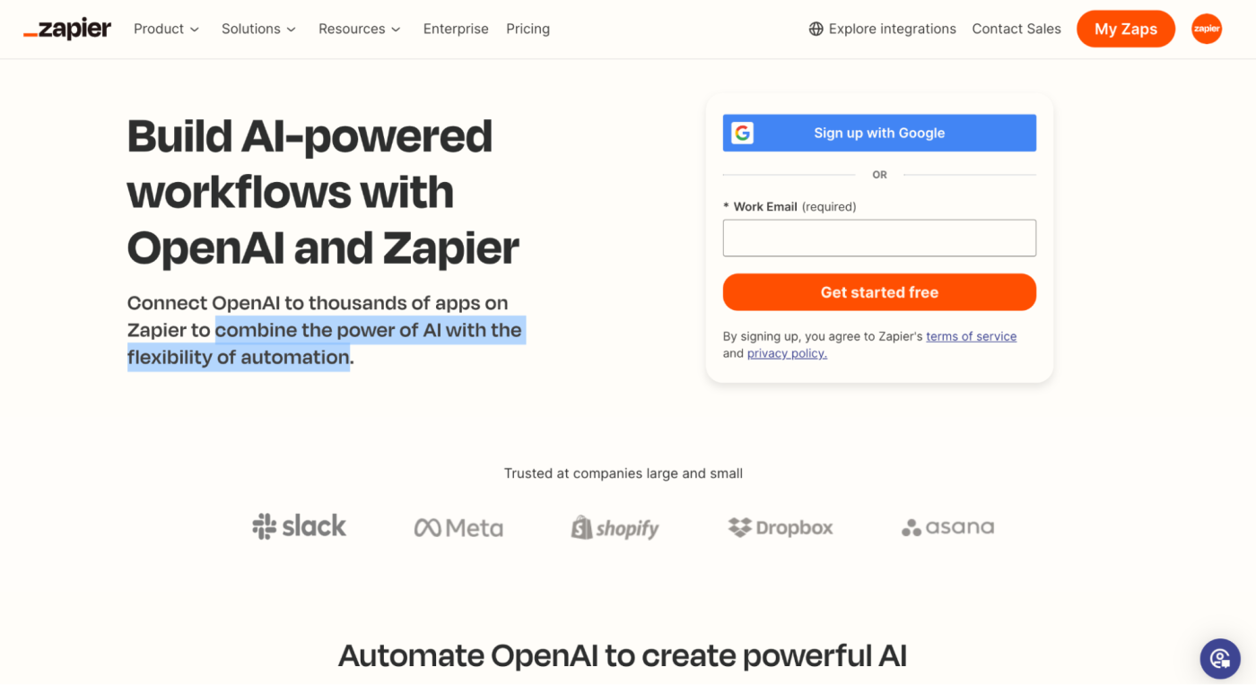 Zapier's OpenAI integration landing page. 