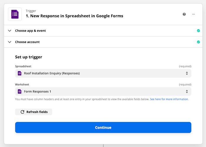 image13 Zap set-up: Trigger set-up for worksheet "Form Response 1"