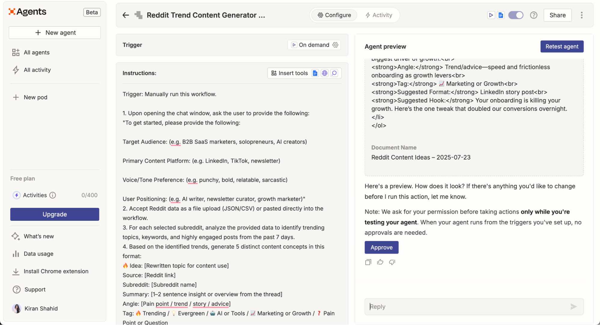 Zapier Agents interface for the Reddit Trend Content Generator agent with workflow instructions and a preview panel