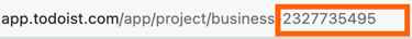 Screenshot of a Todoist URL with the project ID (a string of numbers) circled