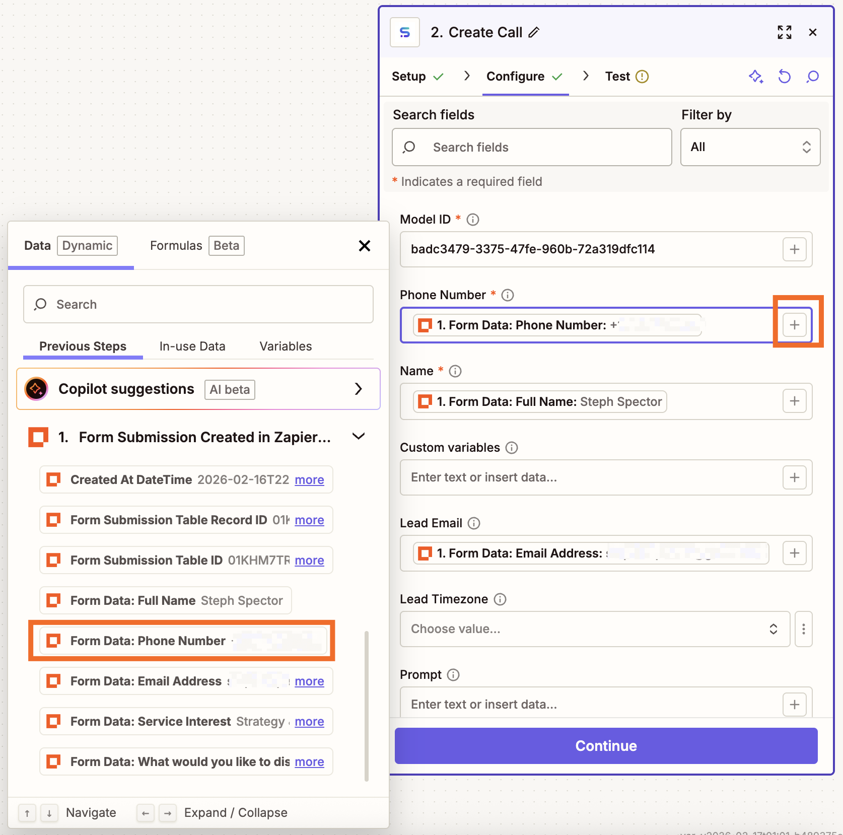The configuration for a Synthflow AI action step in the Zap editor