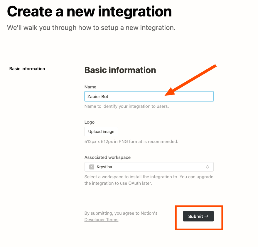 Creating a new integration in Notion. A red arrow highlights the area to give the bot a name.