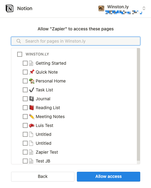 Click on the checkboxes next to the Notion pages you want Zapier to access. You can also give Zapier access to the entire workspace.