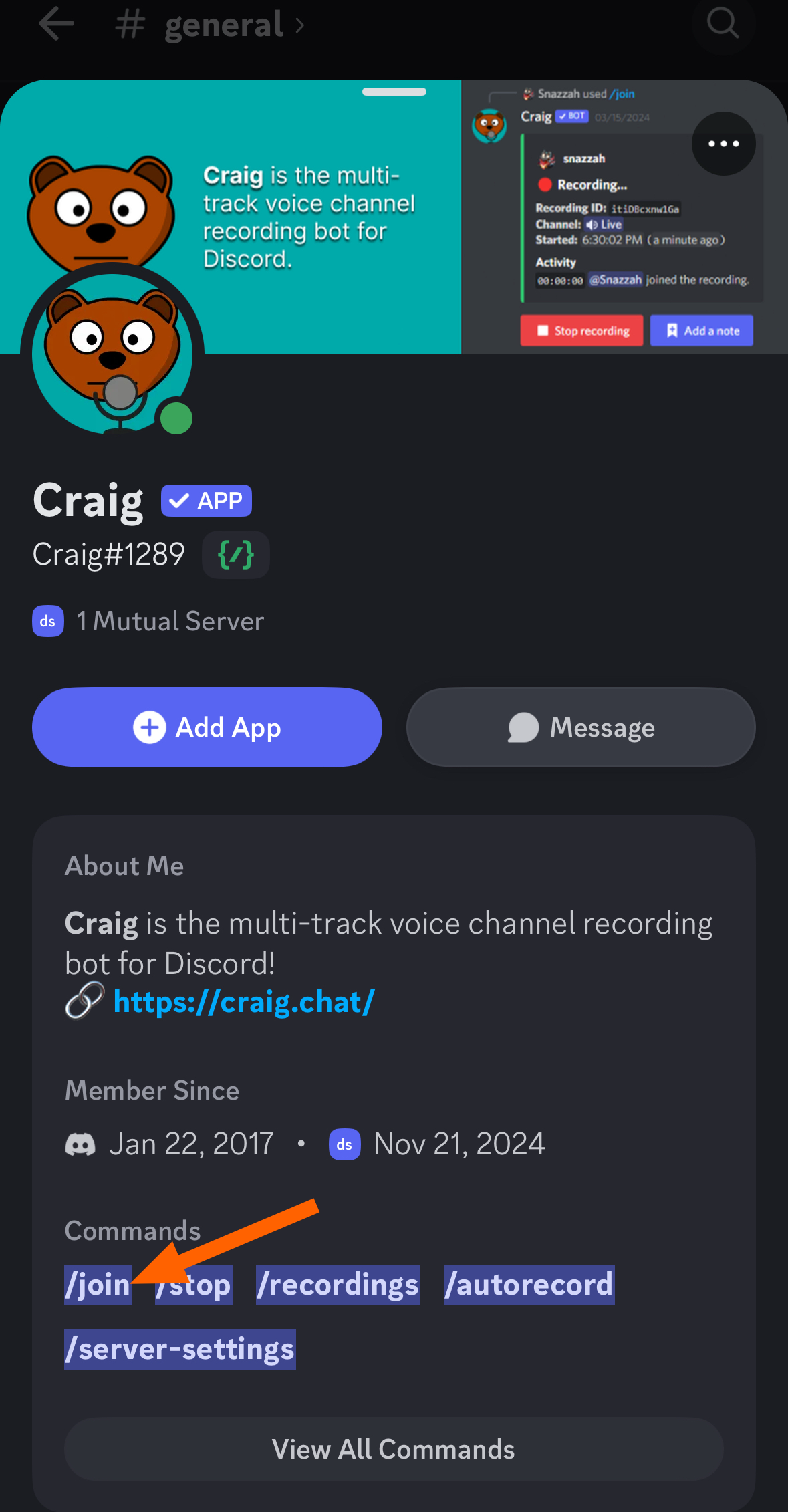 Screenshot showing the Craig bot's profile and commands on mobile