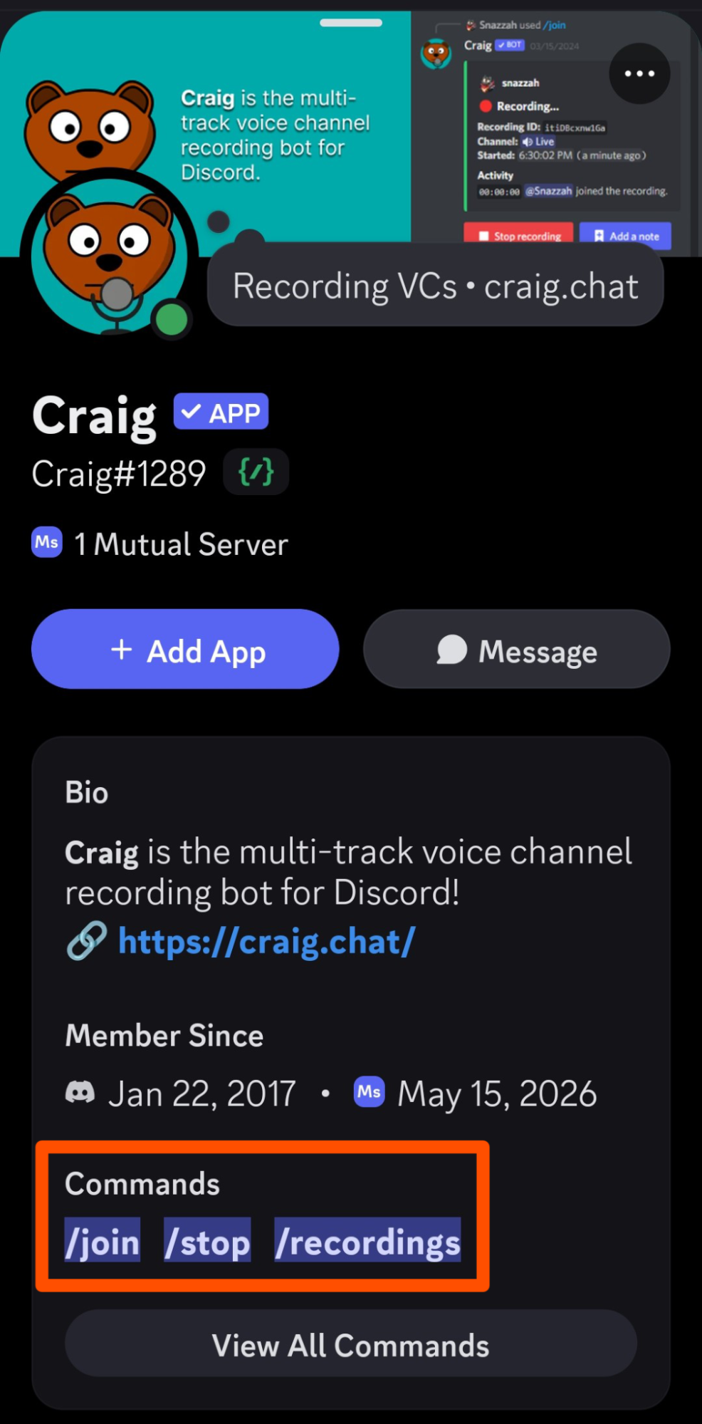 Screenshot showing the Craig bot's profile and commands on mobile