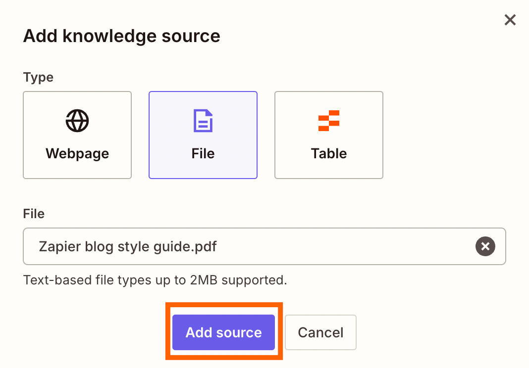 Screenshot of add source button