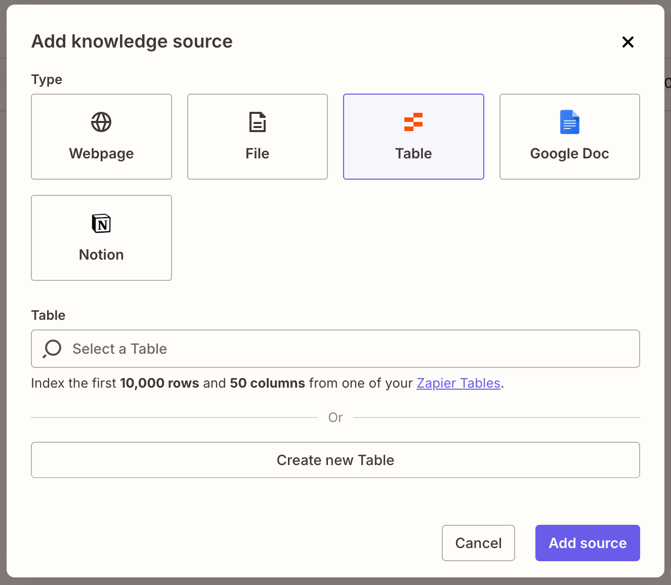 Screenshot of add table panel