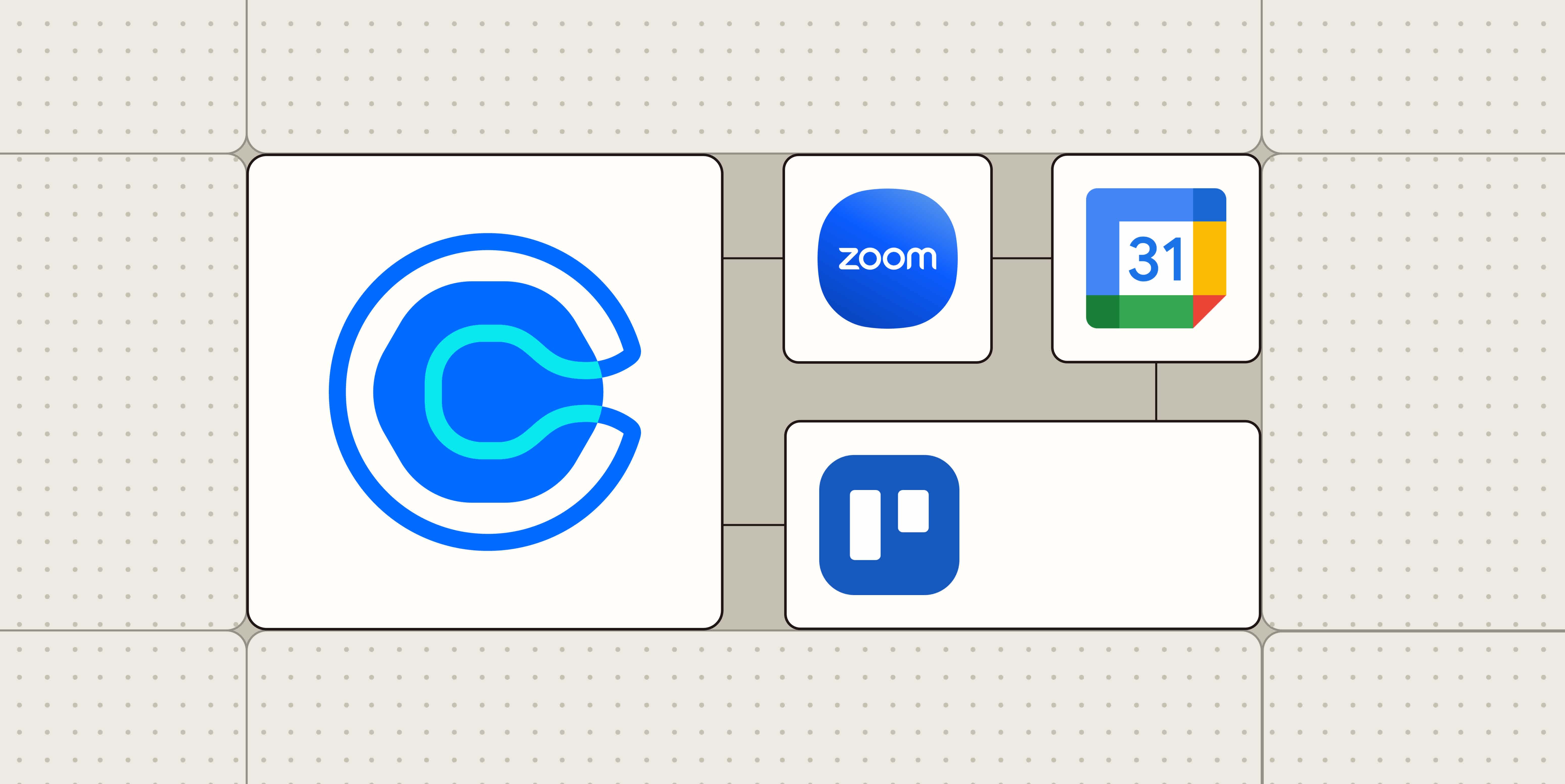 Hero image with the Calendly logo connected to the Zoom, Google Calendar, and Trello logos