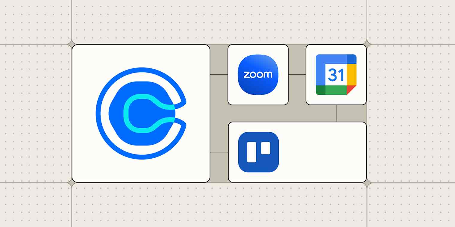 Hero image with the Calendly logo connected to the Zoom, Google Calendar, and Trello logos