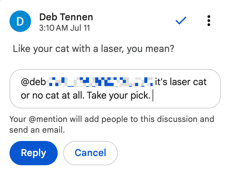 Reply to a comment in a Google Docs document.