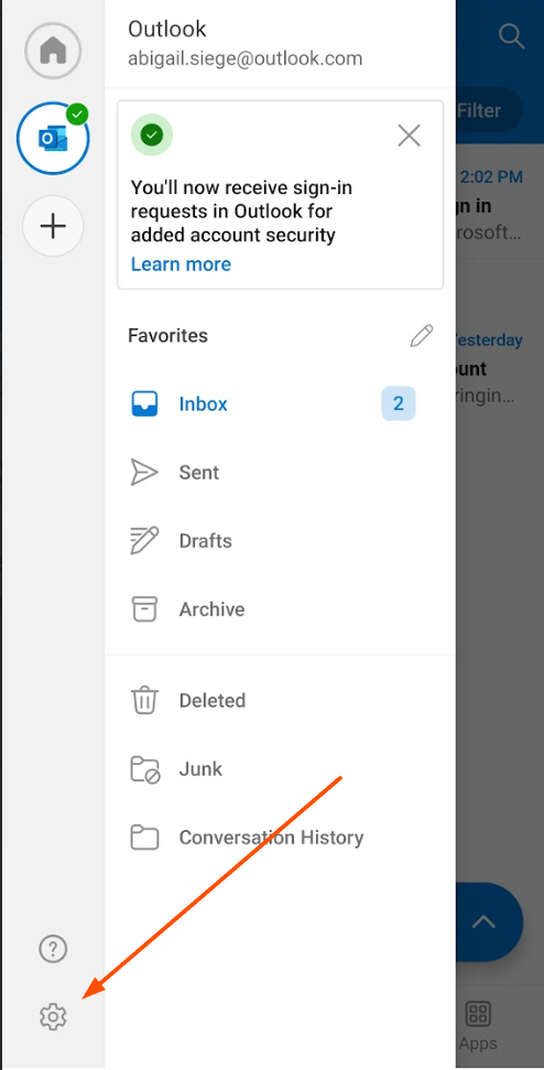 Screenshot of settings in inbox on mobile outlook