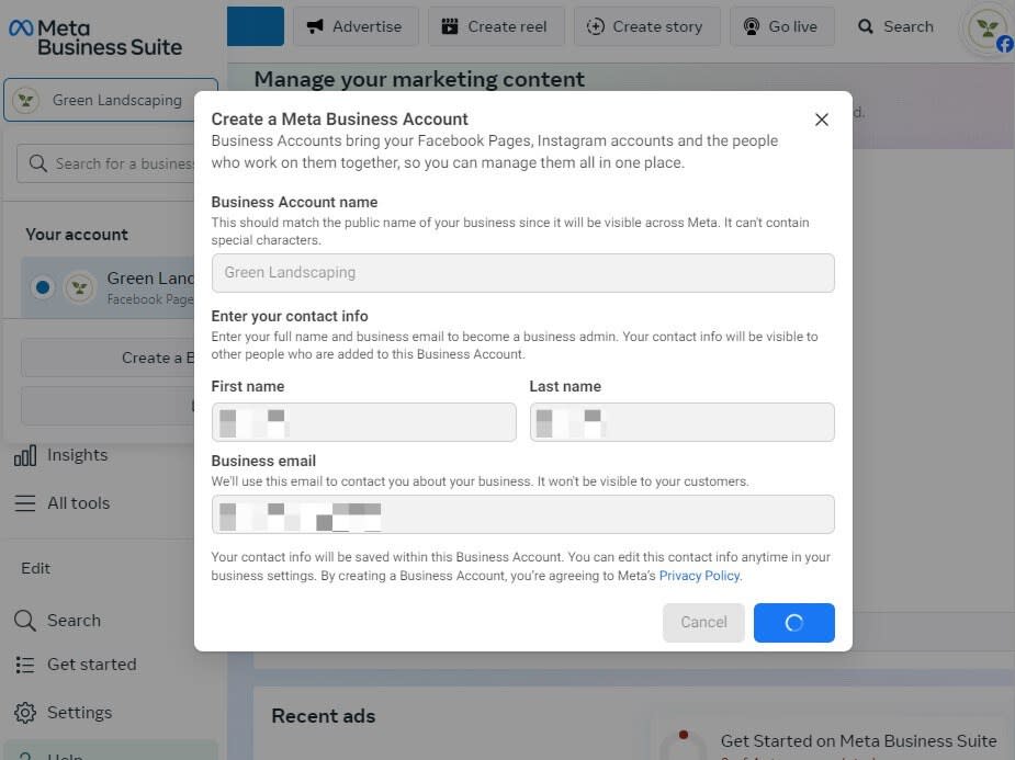 Adding your account name and email to Meta Business Suite