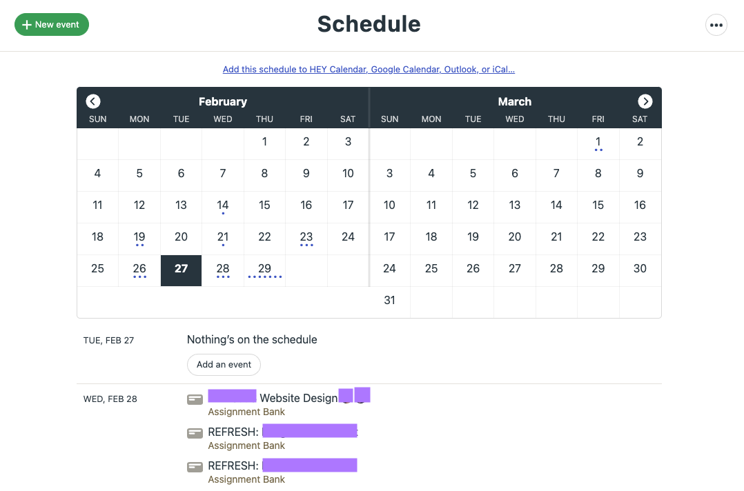 The Schedule view in Basecamp