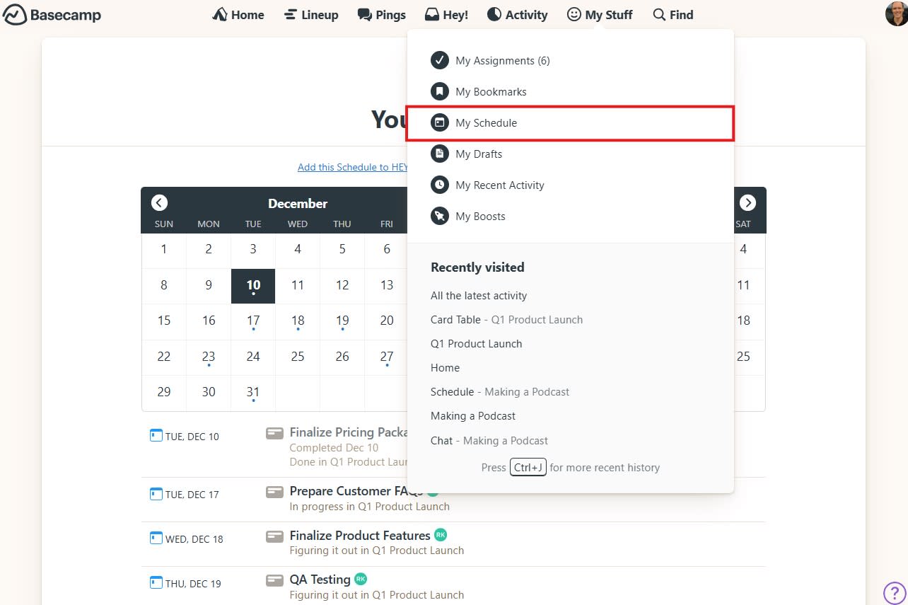 The Schedule view in Basecamp