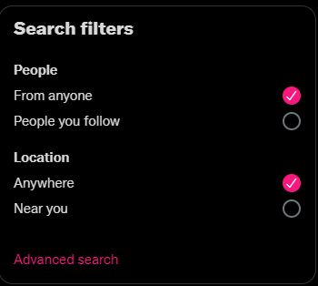 The standard search filters in Twitter