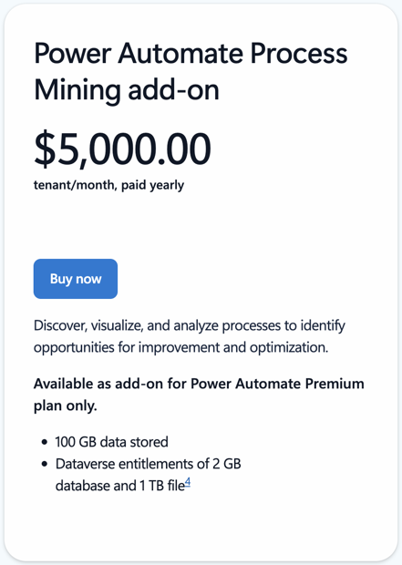 A screenshot of the Power Automate Process Mining add-on for $5,000/tenant/month (billed annually).