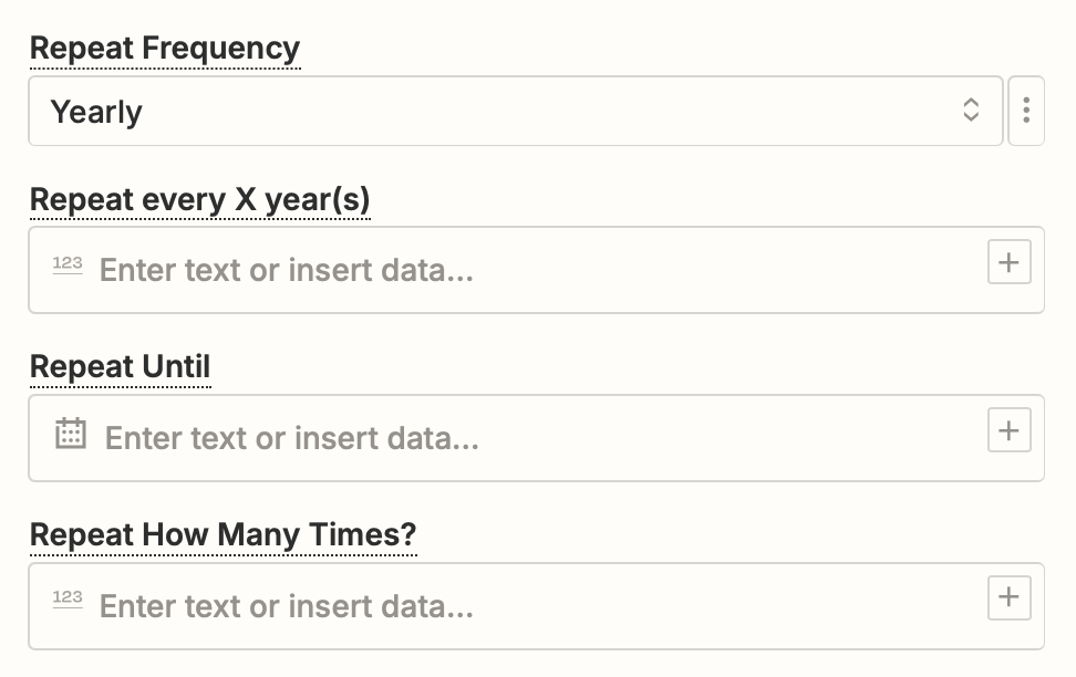 Calendar fields in the Zap editor to set the frequency of events.