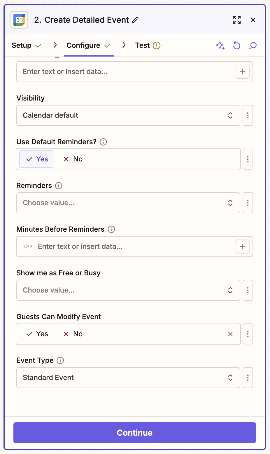 Calendar fields in the Zap editor