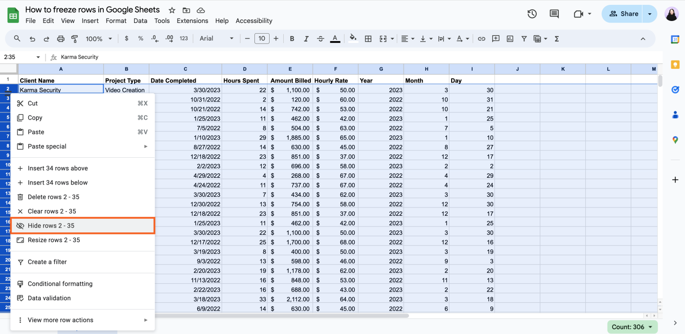 Example of how to hide rows in Google Sheets. 