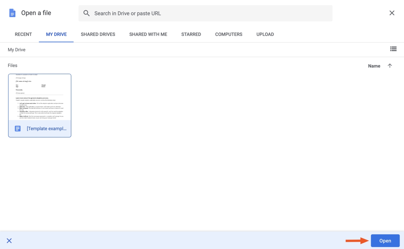 A search window for documents stored in Google Drive. In the "My Drive" tab, a thumbnail for an existing template is selected. An arrow points to the "Open" button in the bottom-right corner.