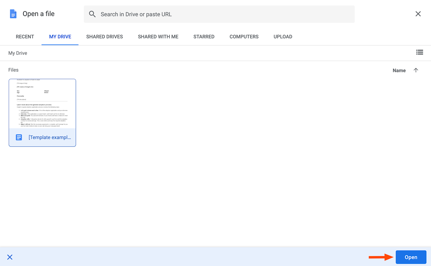 A search window for documents stored in Google Drive. In the "My Drive" tab, a thumbnail for an existing template is selected. An arrow points to the "Open" button in the bottom-right corner.