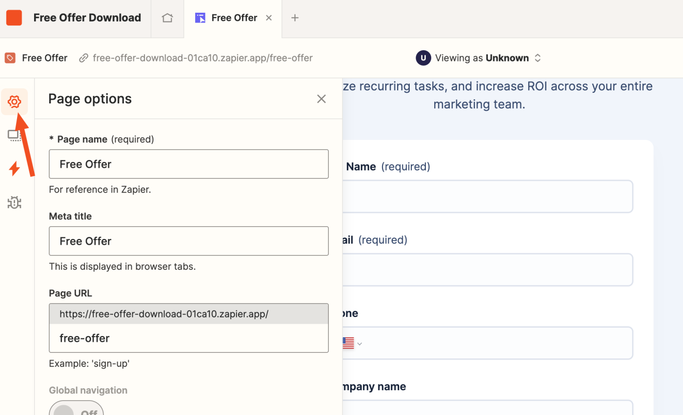 Screenshot of page options in zapier
