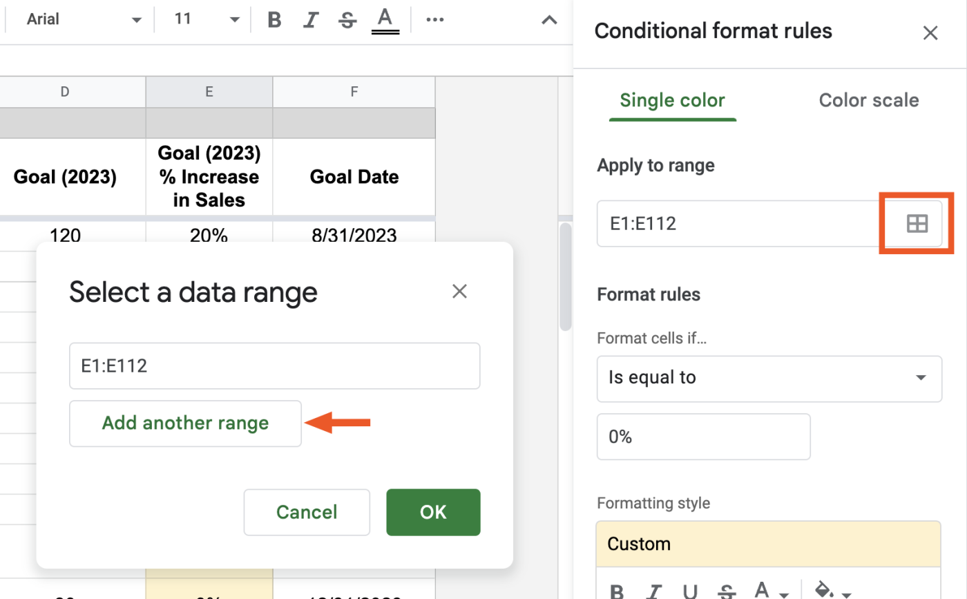 A modal window in Google Sheets titled "Select a data range" with an arrow pointing to "Add another range."