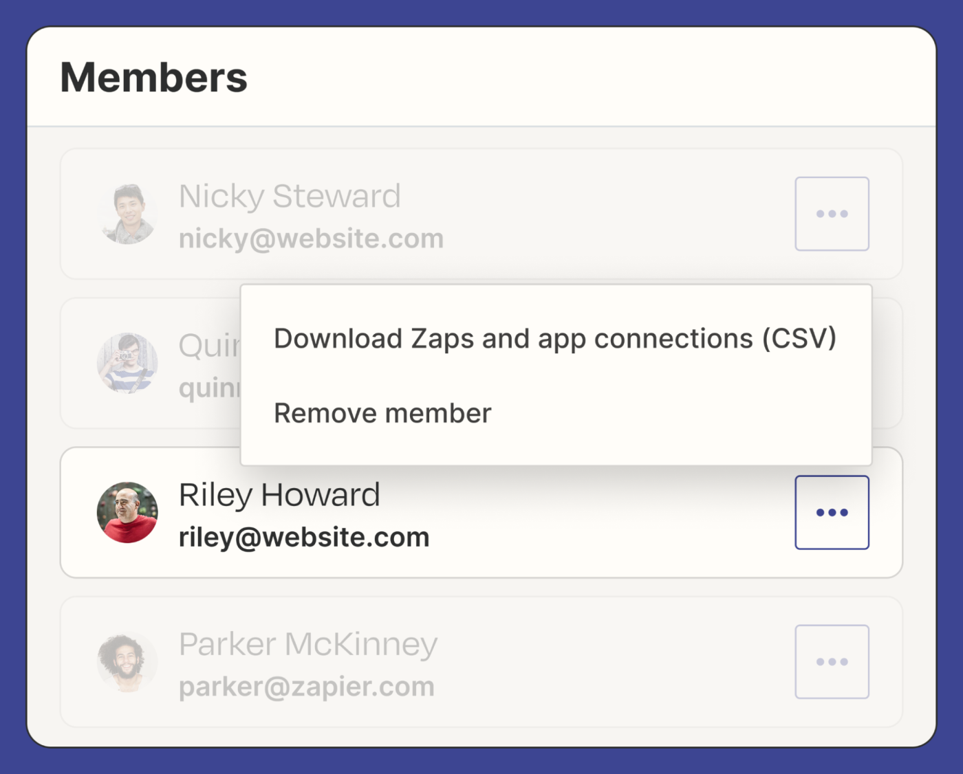 Partial view of members in a Zapier account. One member's profile is selected with a dropdown of actions: download Zaps and app connections (CSV) and remove member.