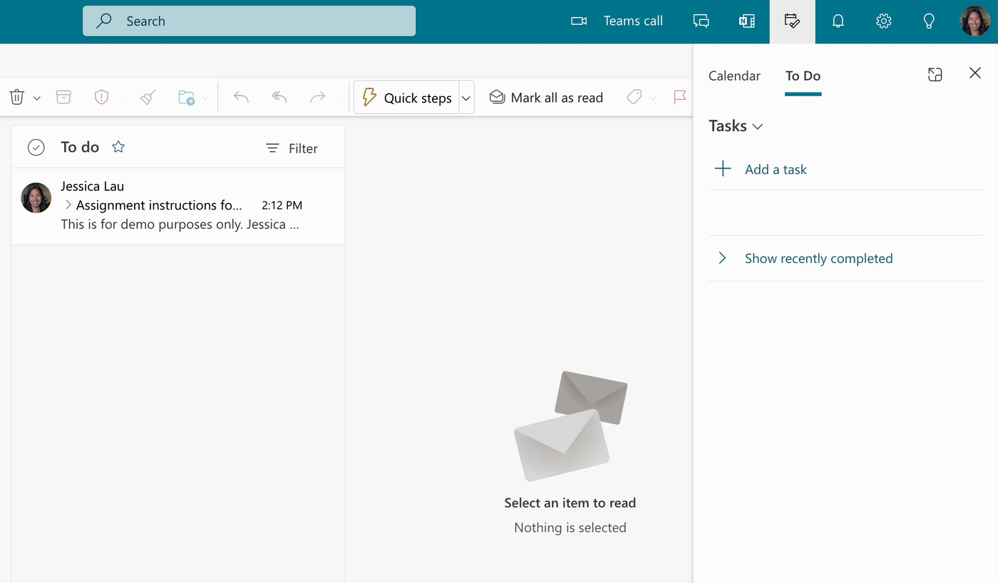 Demo of how to drag and drop an Outlook email into Microsoft To Do to turn it into a task. 