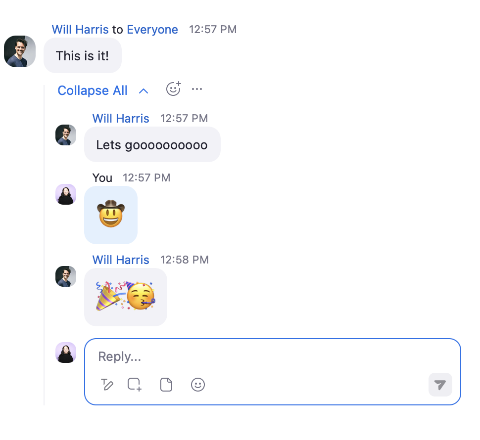 Zoom chat message from Will that reads "This is it!" with a thread of responses beneath it.