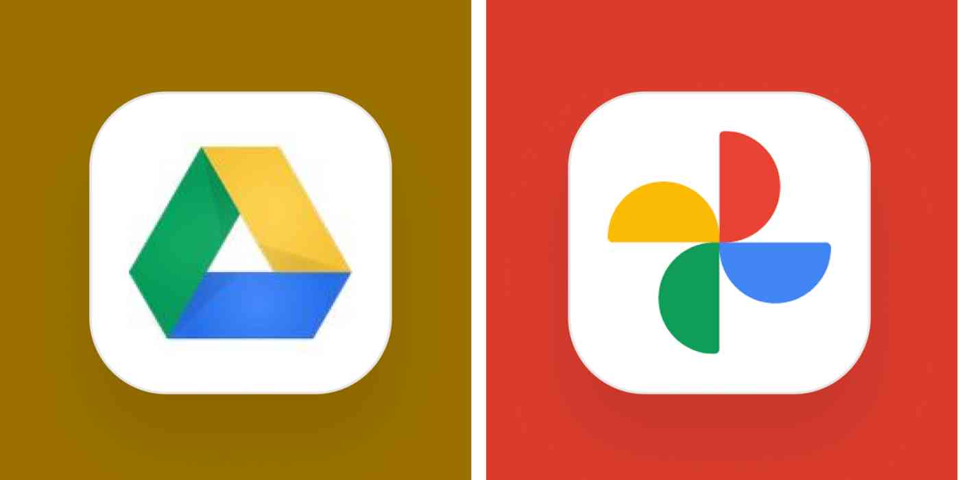 A hero image for app comparisons with the Google Drive logo on a brown background and the Google Photos logo on a red background
