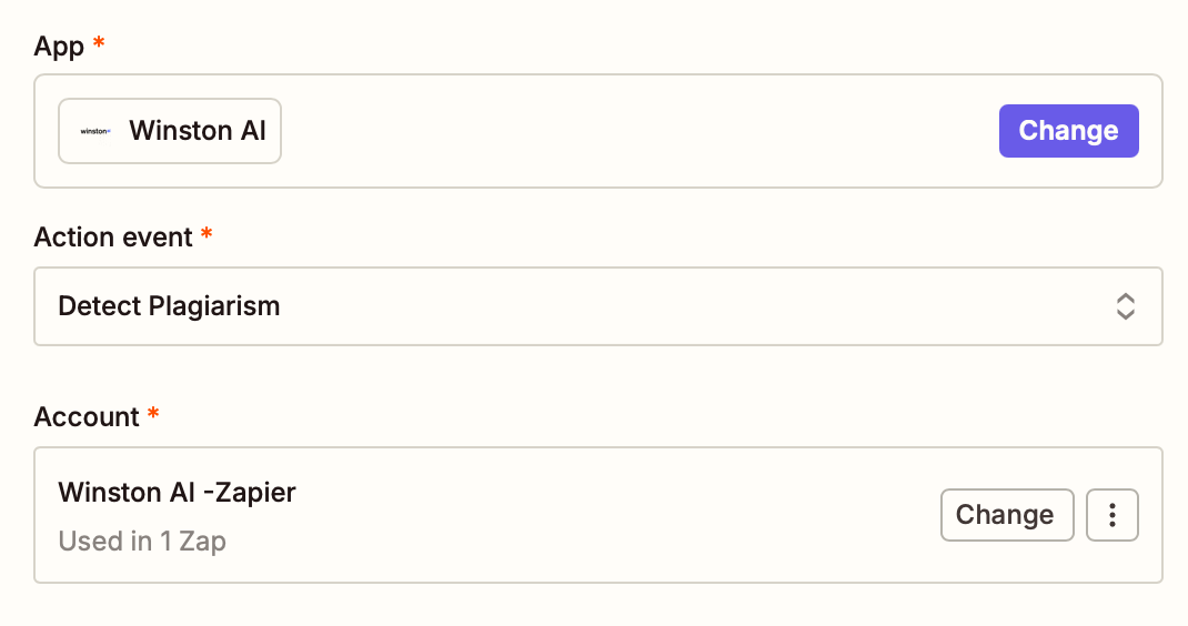A window with fields to select an app and action event and connect an account. The user's Winston AI account shows as connected.
