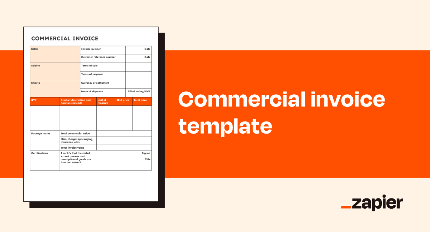 Illustrated image of Zapier's commercial invoice template on an orange background