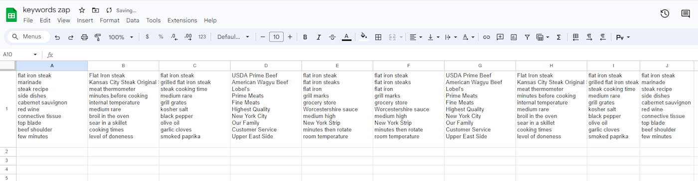 A Google Sheet with a series of columns of keywords