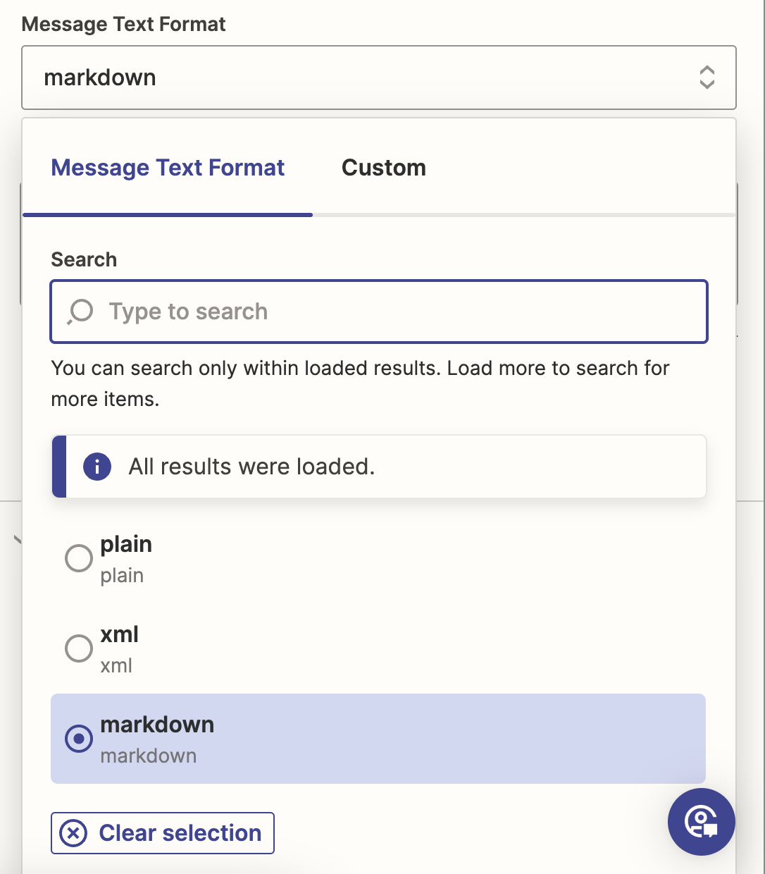 A screenshot of the "text format" options for a Microsoft Teams action step, with "markdown" selected.