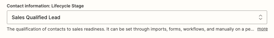 "Sales Qualified Lead" is selected for the "Lifecycle Stage" field in HubSpot.