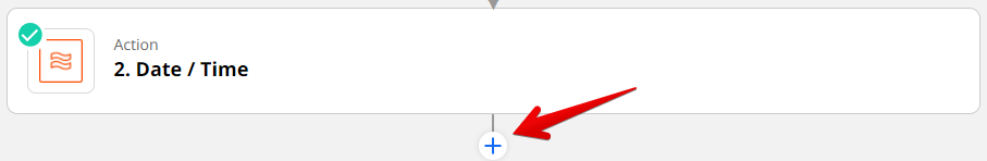 A red arrow pointing to a blue plus sign button underneath a white box with the text Action Date / Time